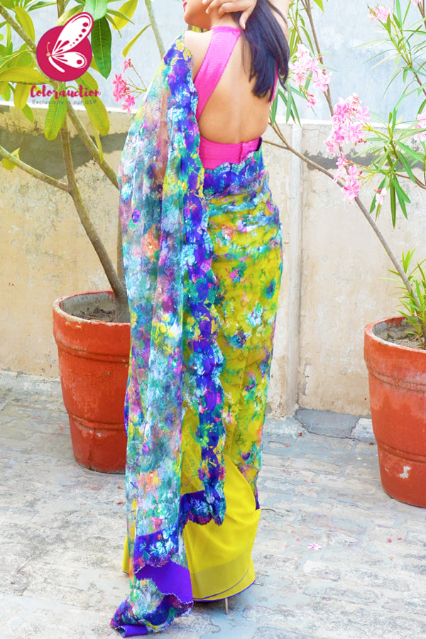 Yellow &amp; Purple Pure Georgette Net Thread Work Half and Half Saree