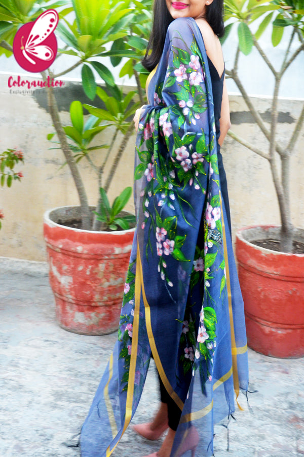 Bluish Grey Organza Hand-painted Floral Stole