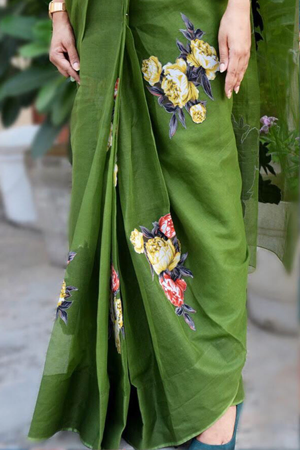 Olive Green Organdy Applique Floral Saree