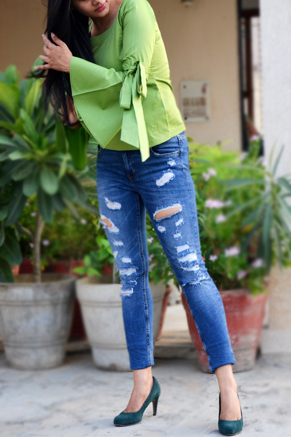 Green Cotton Stripes Quarter Sleeves Top