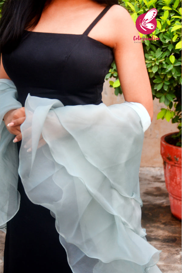 Ice Blue Pure Organza Satin Taping Three-Tier Ruffle Party Wear Stole