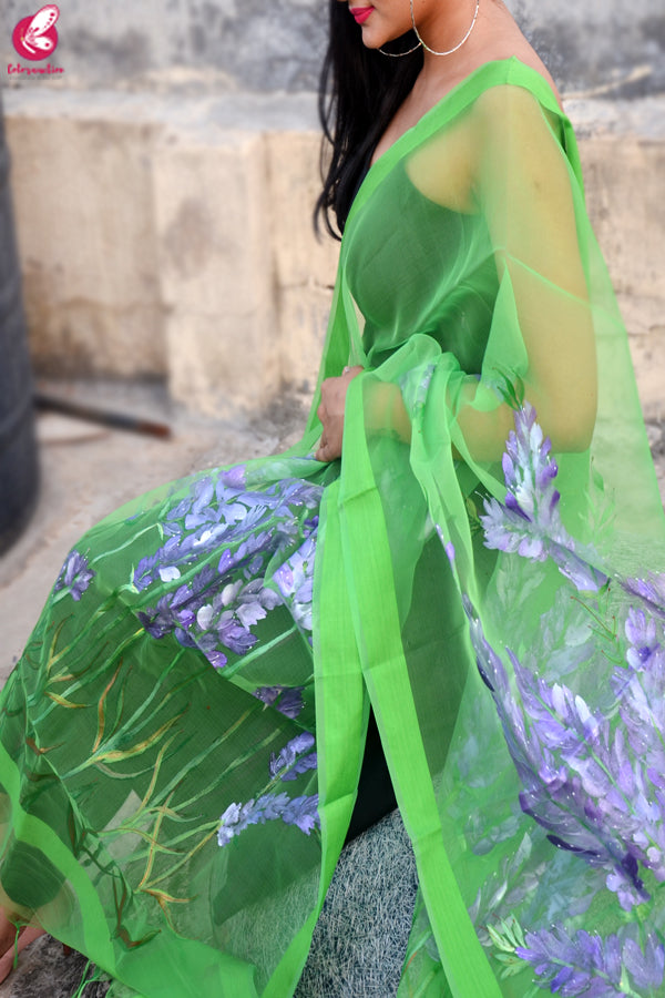 Green Organza Hand painted Floral Stole