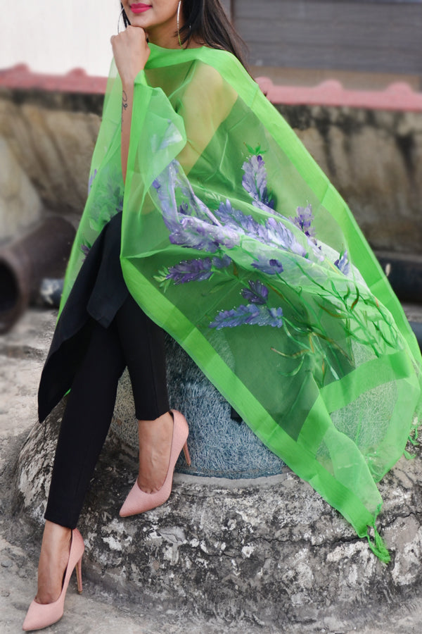 Green Organza Hand painted Floral Stole