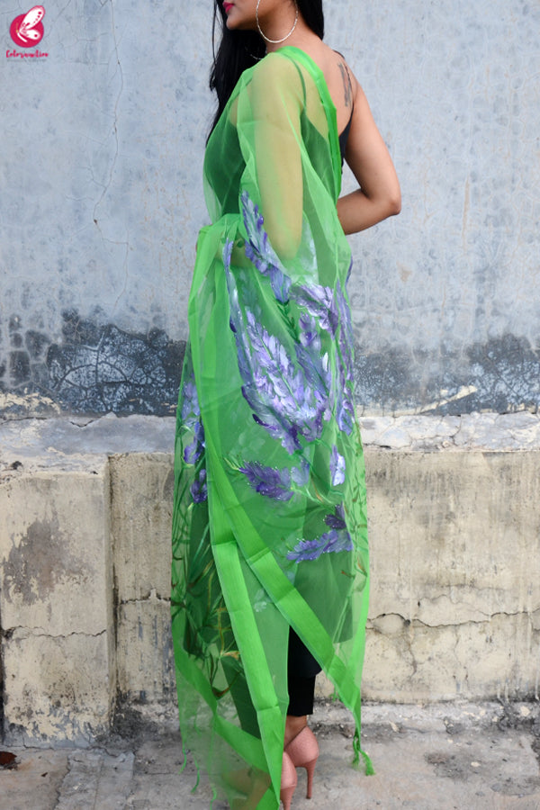 Green Organza Hand painted Floral Stole