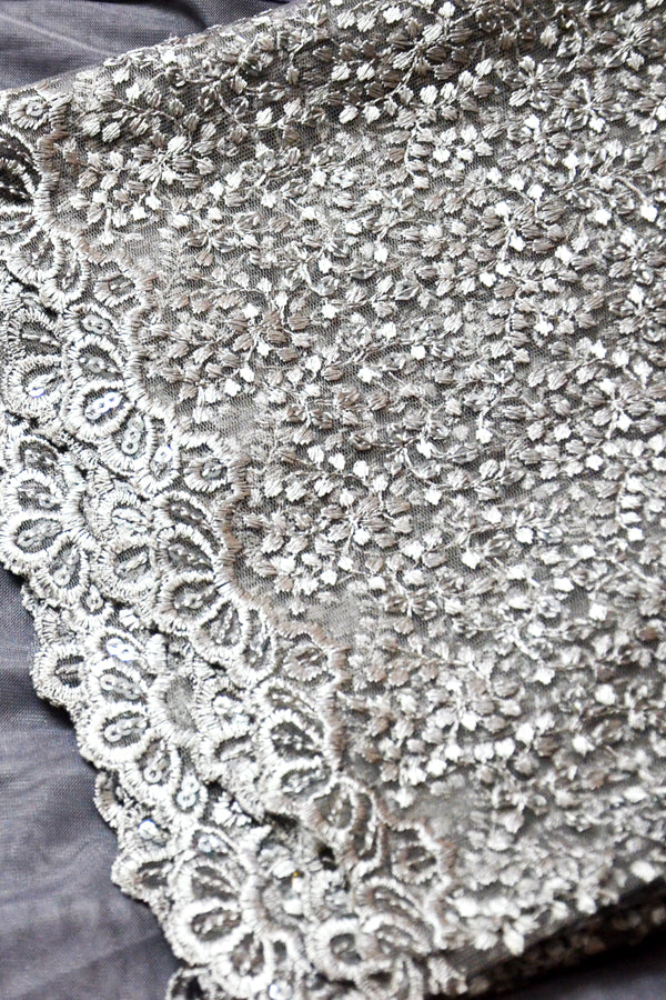 Grey Net Tassel Lace Border Saree
