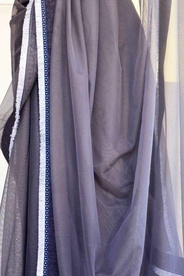 Grey Net Tassel Lace Border Saree