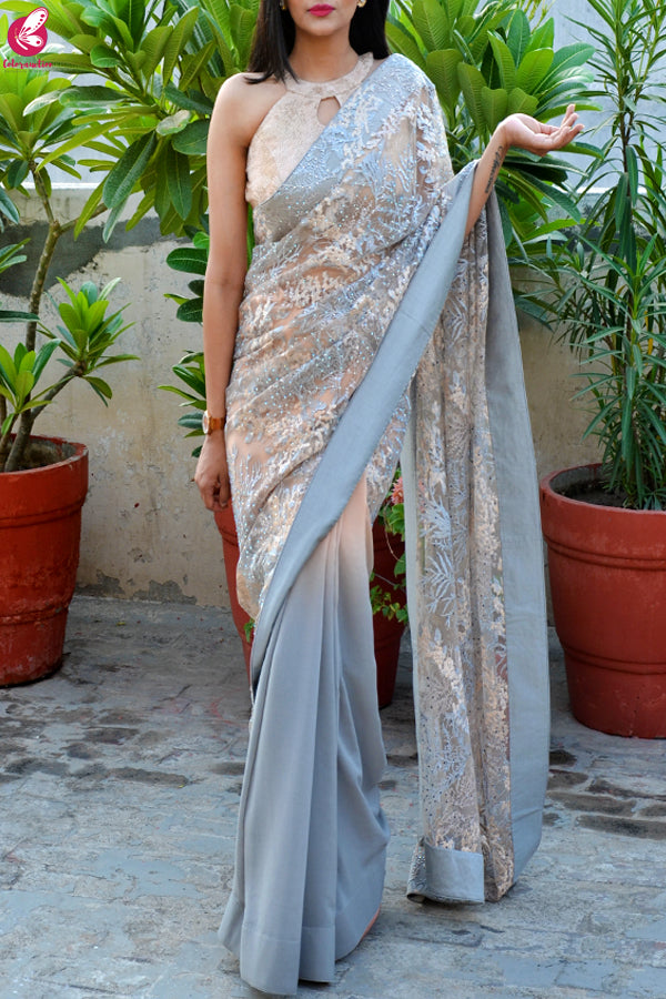 Grey Double Shaded Korean Net Saree