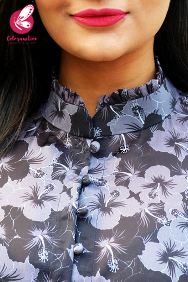 Charcoal Grey and Black Printed Satin Georgette Kurti Set