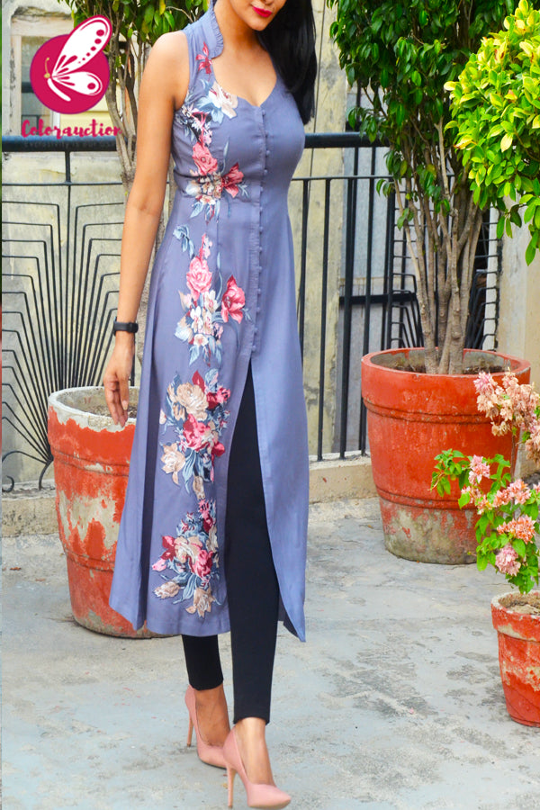 Lavender Grey Modal Rayon Sleeveless Patch Work Kurti