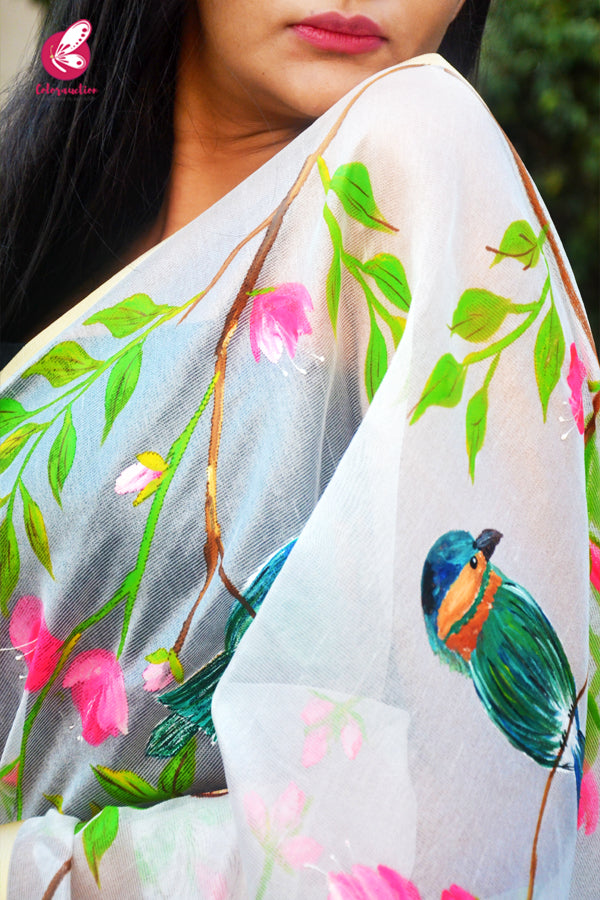Off White Handpainted Birds Floral Golden Zari Pure Organza Stole