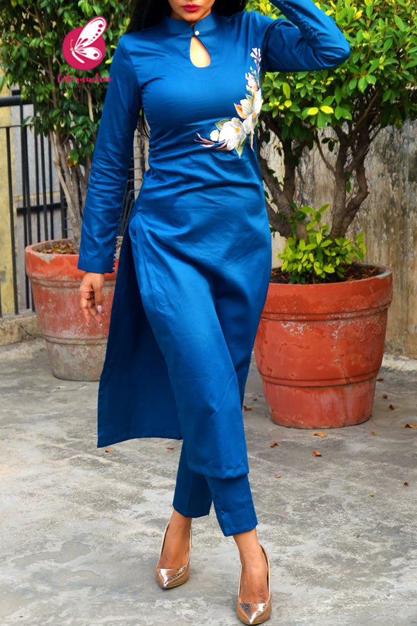 Blue Floral Embroidered Cotton Silk Kurti with Blue Cotton Silk Pants Kurti Set