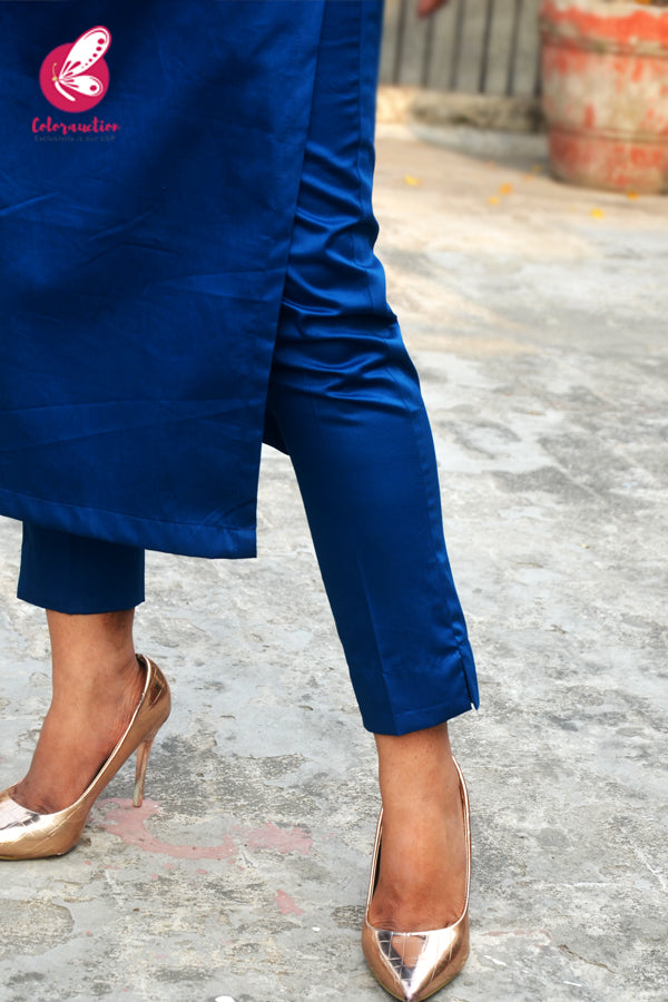 Blue Floral Embroidered Cotton Silk Kurti with Blue Cotton Silk Pants Kurti Set