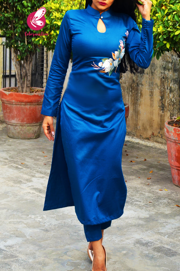Blue Floral Embroidered Cotton Silk Kurti with Blue Cotton Silk Pants Kurti Set