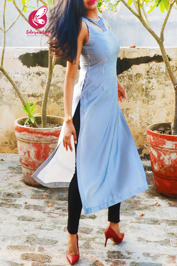White &amp; Navy Blue Satin Sleeveless Stripes Kurti