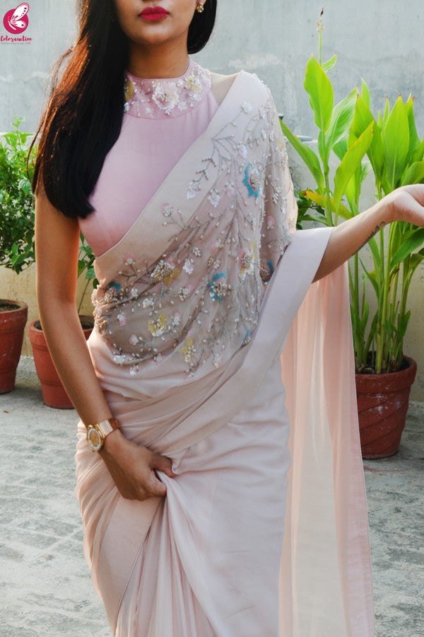 Baby Pink Crepe Sequins Handwork Padded Blouse