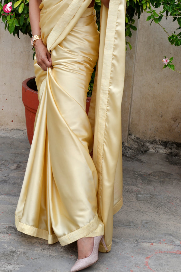 Cream Golden Satin Dupion Silk Taping Saree