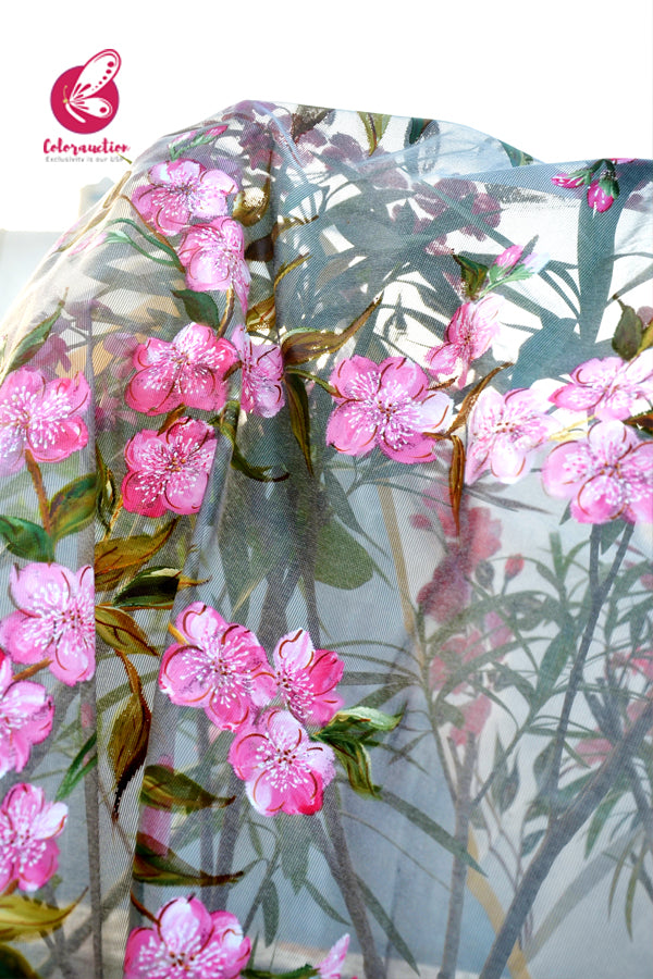 Grey Organza Hand painted Pink Floral Stole