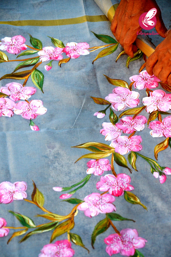Grey Organza Hand painted Pink Floral Stole