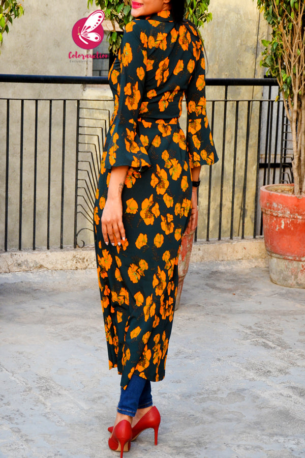 Green Bubble Crepe Printed Long Kurti