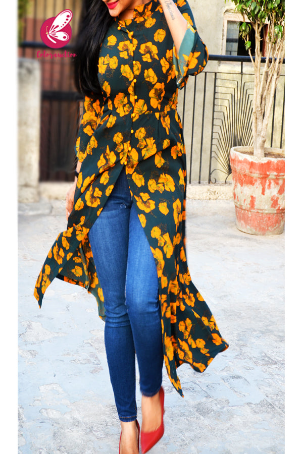 Green Bubble Crepe Printed Long Kurti