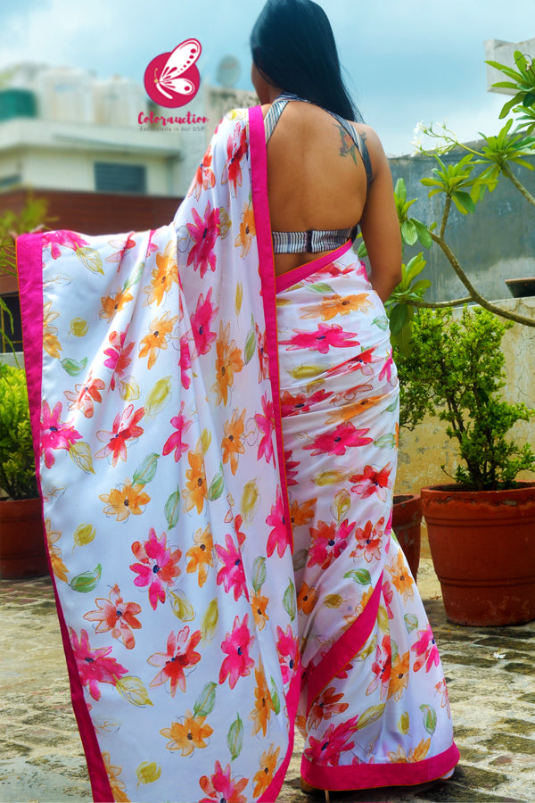 White Multicoloured Printed Floral Satin Georgette Dupion Taping Saree