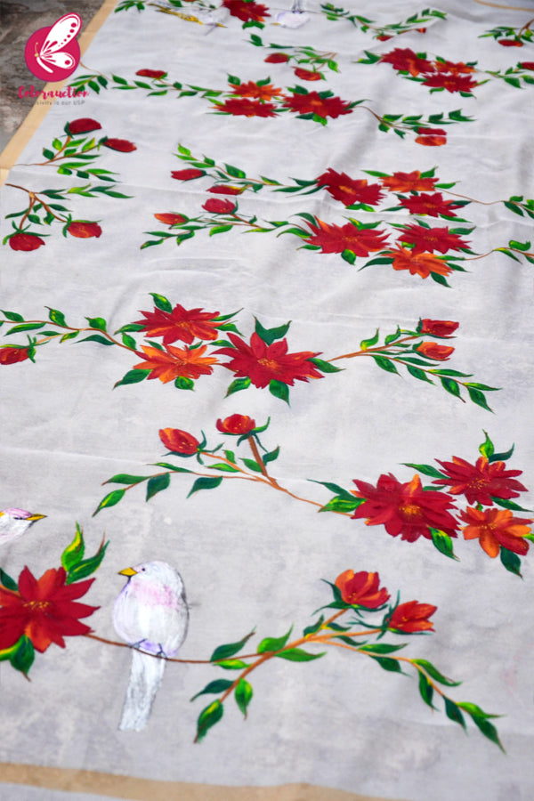 Off White Red Orange Pure Organza Floral Handpainted Stole