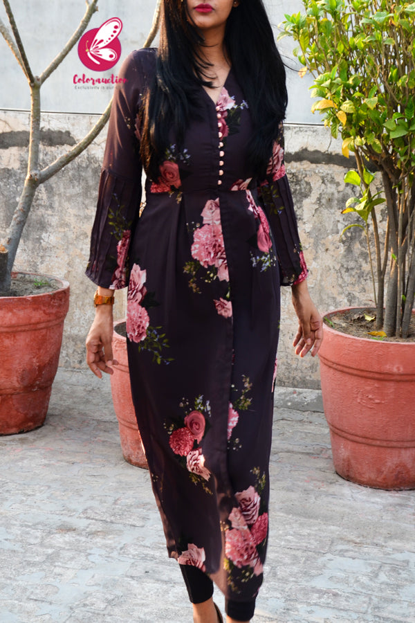 Grey Printed Floral Georgette Pintucks Quarter Sleeves Kurti