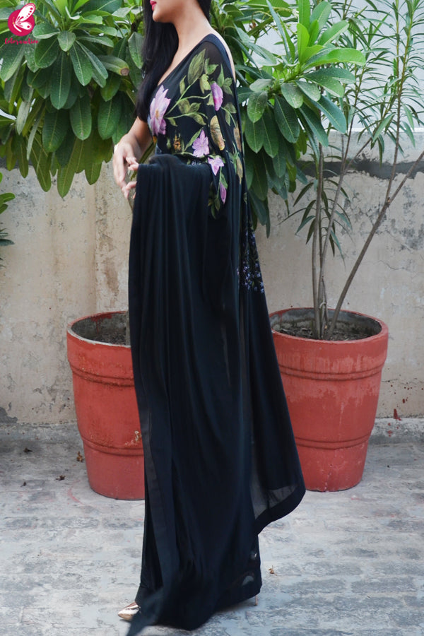 Black Lycra Net Hand-Painted Floral Saree