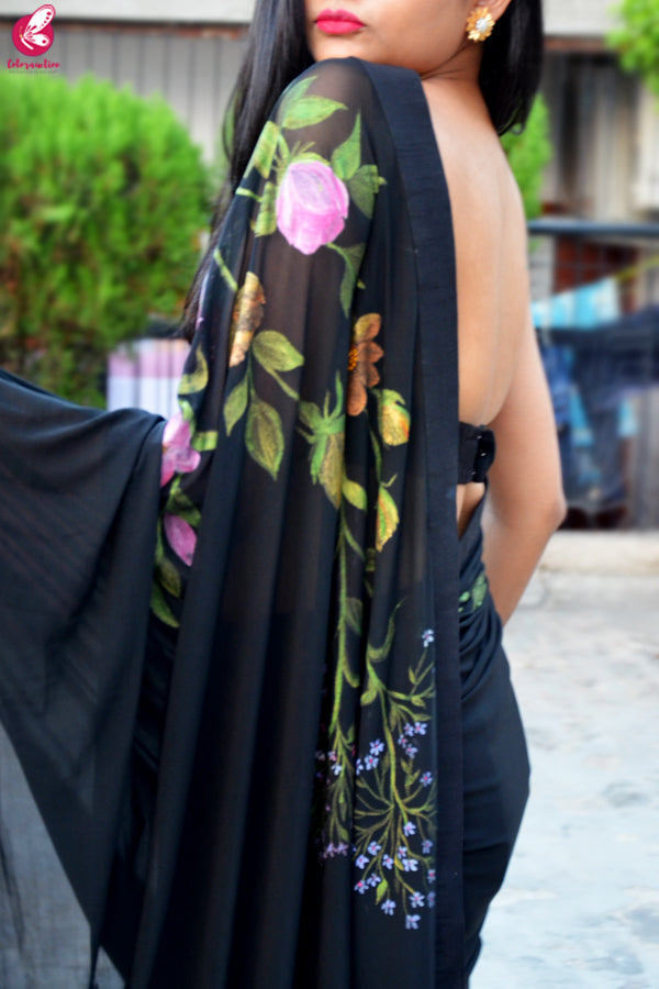 Black Lycra Net Hand-Painted Floral Saree