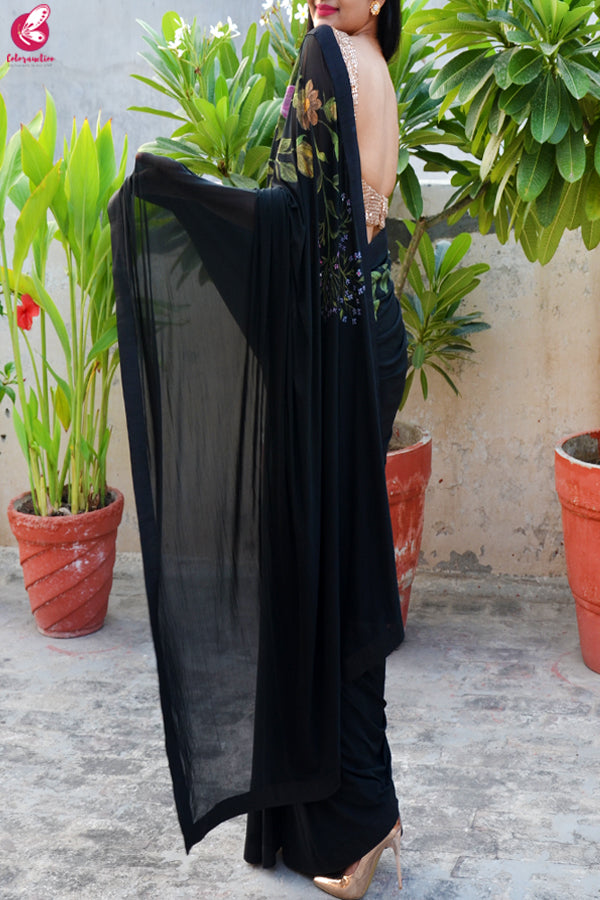Black Lycra Net Hand-Painted Floral Saree