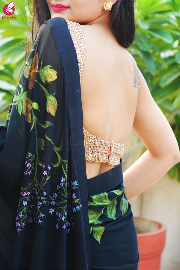 Black Lycra Net Hand-Painted Floral Saree