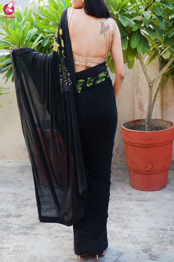 Black Lycra Net Hand-Painted Floral Saree