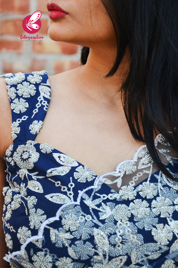 Blue &amp; White Embroidered Scallop Net Satin Half &amp; Half Saree