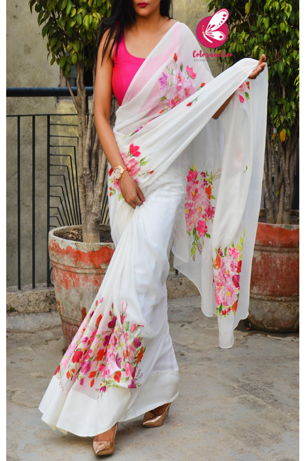 Off White Handpainted Crepe Chiffon Multicoloured Floral Saree