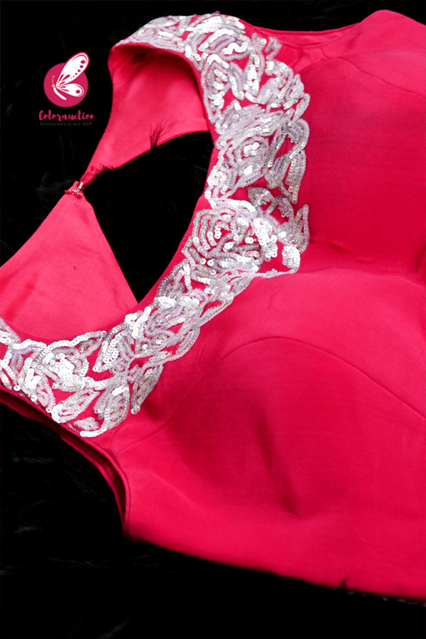 Hot Pink Padded Silver Sequins Hand Embroidery Keyhole Back Padded Crepe Blouse