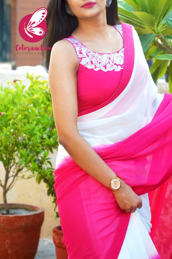 Hot Pink & White Double Shaded Georgette Saree