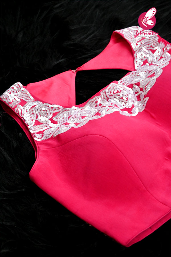 Hot Pink Padded Silver Sequins Hand Embroidery Keyhole Back Padded Crepe Blouse