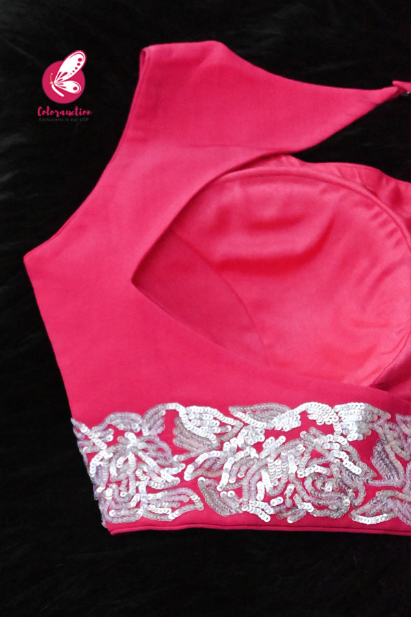 Hot Pink Padded Silver Sequins Hand Embroidery Keyhole Back Padded Crepe Blouse