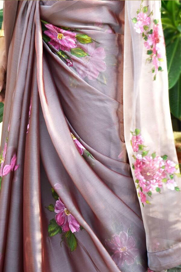 Mauve Hand Painted Pure Silk Chiffon Saree