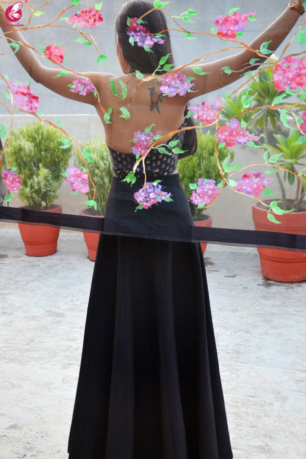 Black Organza Hand painted Humming Bird Floral Stole