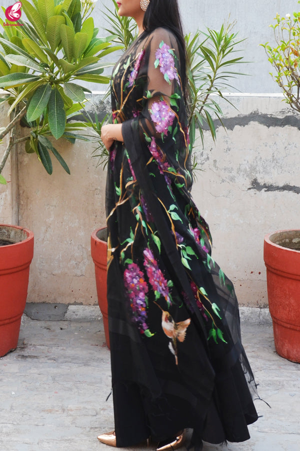 Black Organza Hand painted Humming Bird Floral Stole