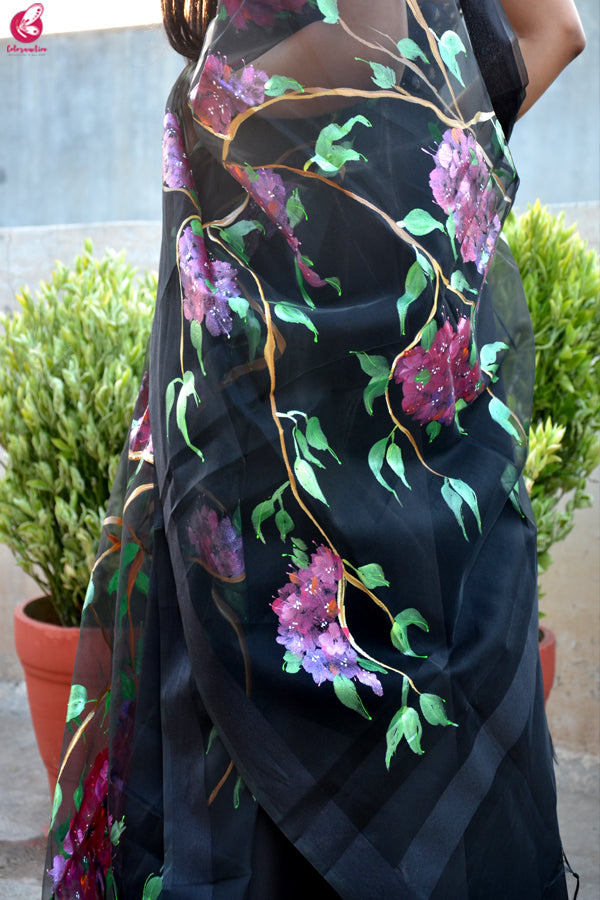 Black Organza Hand painted Humming Bird Floral Stole