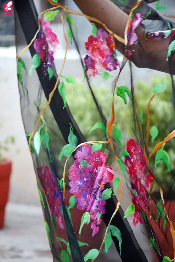 Black Organza Hand painted Humming Bird Floral Stole