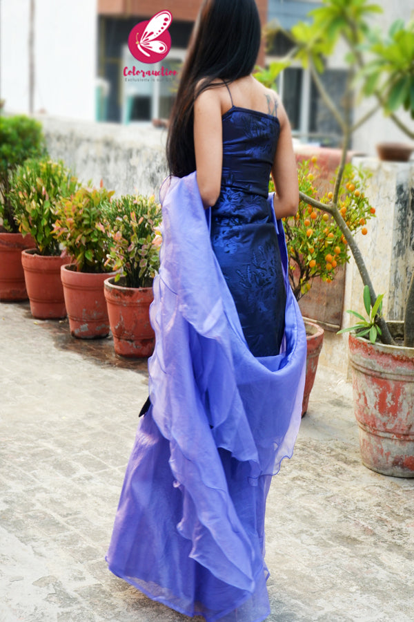 Black Purple Brocade Padded Kurta with Purple-Lilac Organza Sharara and Purple-Lilac Organza Three-Tier Ruffle Stole