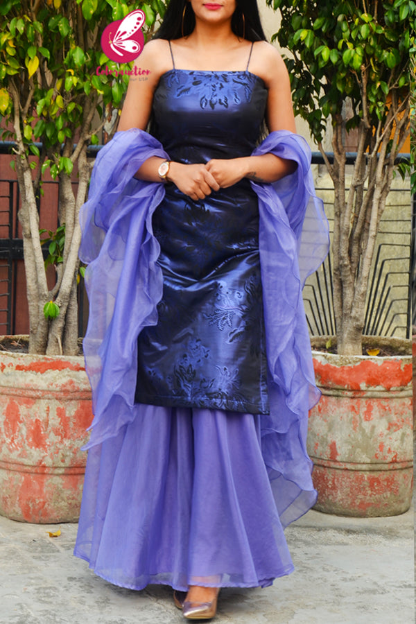 Black Purple Brocade Padded Kurta with Purple-Lilac Organza Sharara and Purple-Lilac Organza Three-Tier Ruffle Stole