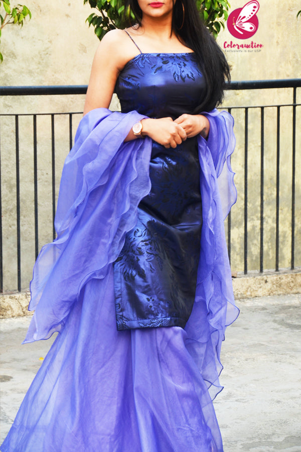 Black Purple Brocade Padded Kurta with Purple-Lilac Organza Sharara and Purple-Lilac Organza Three-Tier Ruffle Stole