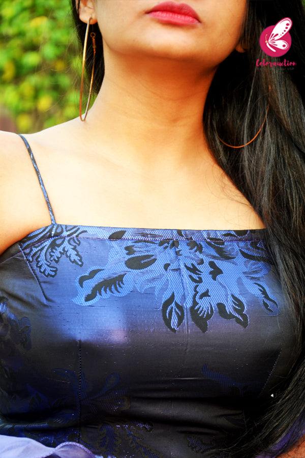 Black Purple Brocade Padded Kurta with Purple-Lilac Organza Sharara and Purple-Lilac Organza Three-Tier Ruffle Stole