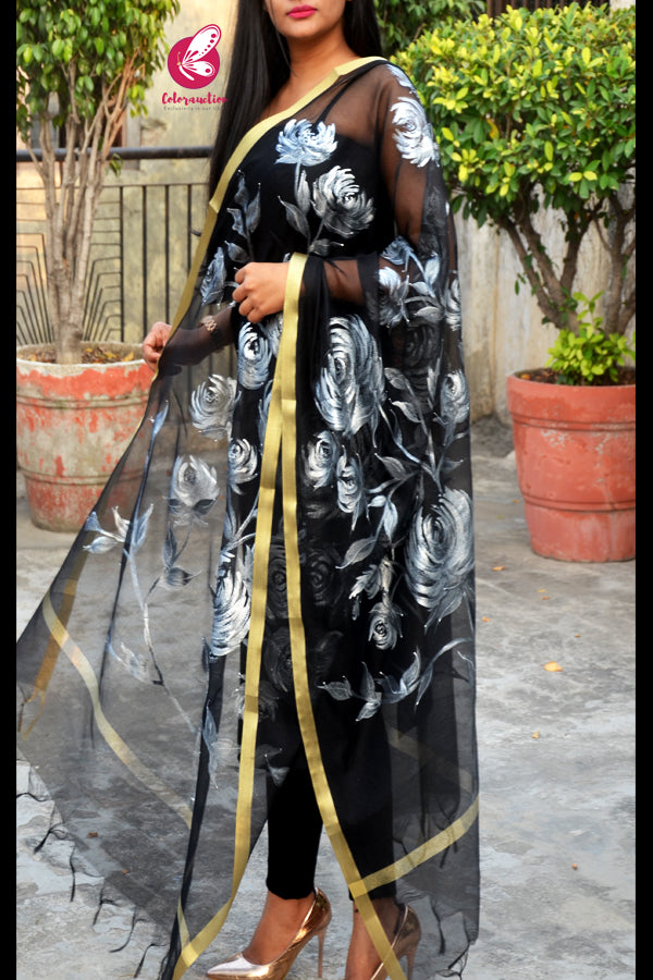 Black Pure Organza Silver Floral Stole