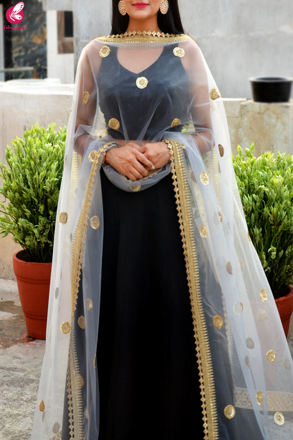 Grey Net Double Border Dupatta