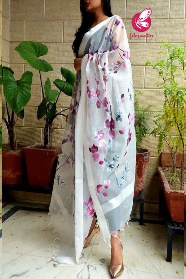 Off White Purple Mauve Pure Organza Floral Stole